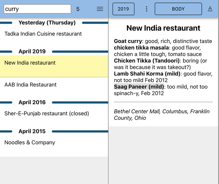 typing a few characters will filter down to a few matching notes